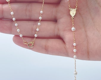18k Gold Filled White Simulated Pearl Beaded Rosary With Small Lady of  Grace Medal and Tiny Cross - Etsy