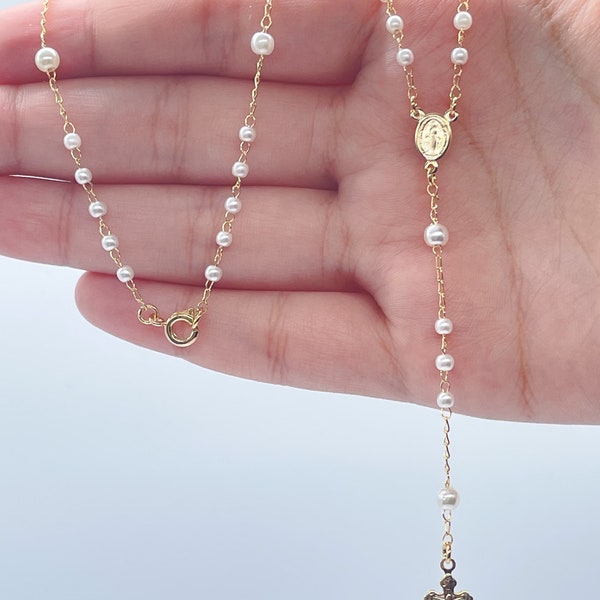 18k Gold Filled White Simulated Pearl Beaded Rosary With Small Lady of Grace Medal and Tiny Cross