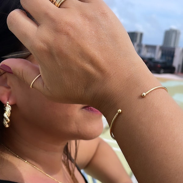 18k Gold Filled Plain Dainty Cuff Bracelet With Tiny Balls as Ends