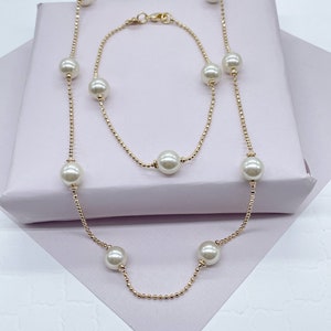 18k Gold Filled Pearl Necklace Bracelet Set: Shinny Ball Chain