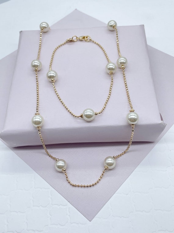 18Kゴールドフィルドパールネックレスブレスレットセット：光沢のある 