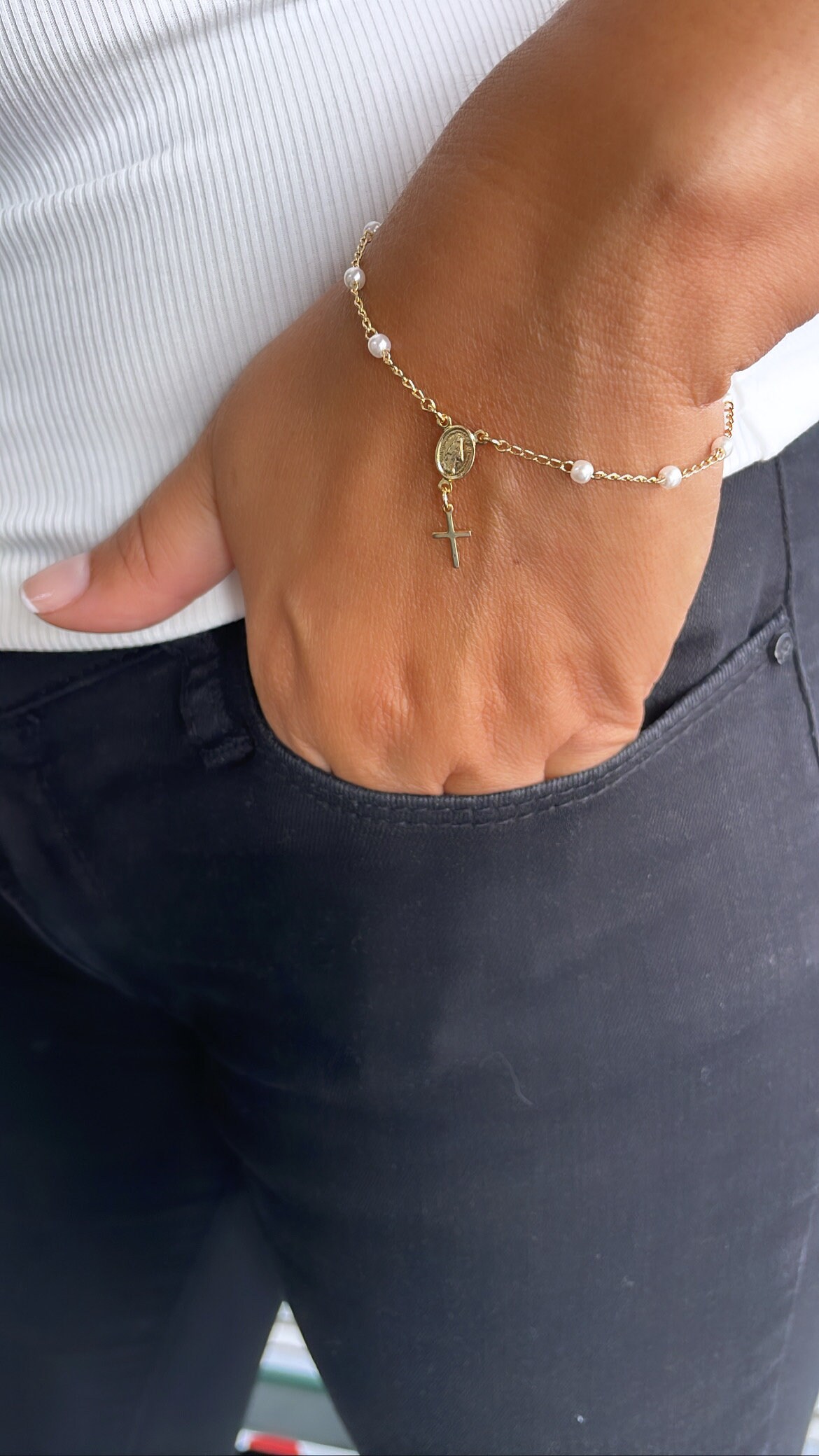 18k Dainty Gold Filled Beaded Pearl Satellite Rosary Bracelet with Virgin Mary and Crucifix Charm