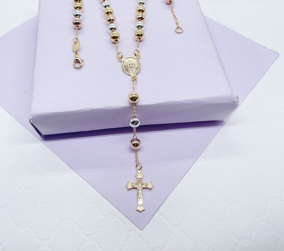 18金張り三色ロザリオ（聖母マリアメダルと十字架付き） - Etsy 日本
