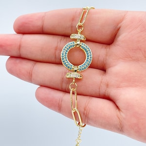18k Gold Filled Paperclip Bracelet: Cubic Zirconia Circle Charm