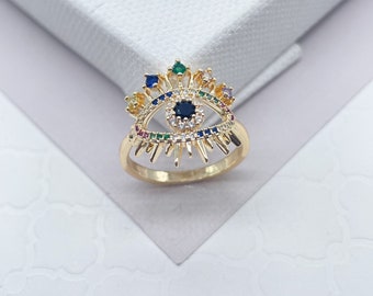 18k Gold Filled Evil Eye Ring Crowned Featuring Multi Color Zirconia Stones Or Clear Cubic Zirconia, Protection Ring,  Jewelry