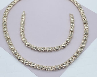 18k Gold Filled Heart Shape XOXO Set of Bracelet and Necklace Available in Gold, Silver or Tricolor - Gold, Rose Gold and Silver