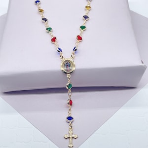 18k Gold Filled Small Round Colorful Rosary Necklace, Multicolor Fashion Baby Jesus Medal