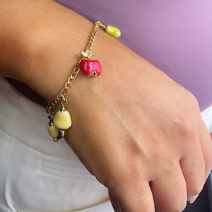 18k Gold Filled Charm Figaro Bracelet featuring Enamel Orange, Apple, Pear, Cashew Fruit Popsicle Charms in Gold or Silver  Jewelry