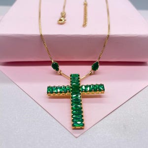 18k Gold-Filled Box Chain Choker with Baguette Cross Charm and Pearl Cut CZ