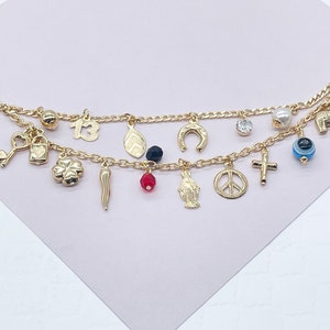 18k Gold Filled Luck Charms Bracelet  Protection, Good Luck, Money Prosperity Featuring Evil Eyes, &quot;Figa&quot;, Clover, Crystals, Guadalupe