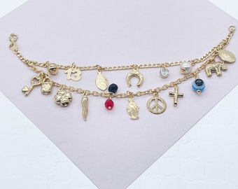 18k Gold Filled Luck Charms Bracelet  Protection, Good Luck, Money Prosperity Featuring Evil Eyes, &quot;Figa&quot;, Clover, Crystals, Guadalupe