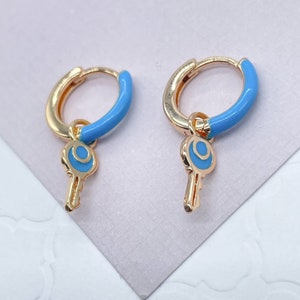 18k Gold Filled, Colorful Earrings with Dangling Key Clicker Colored Hoops Summer Jewelry , Enamel Earrings