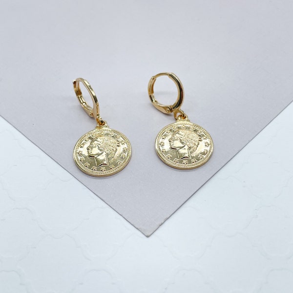18k Gold Filled Coin Drop Earrings, Vintage Coin Medal