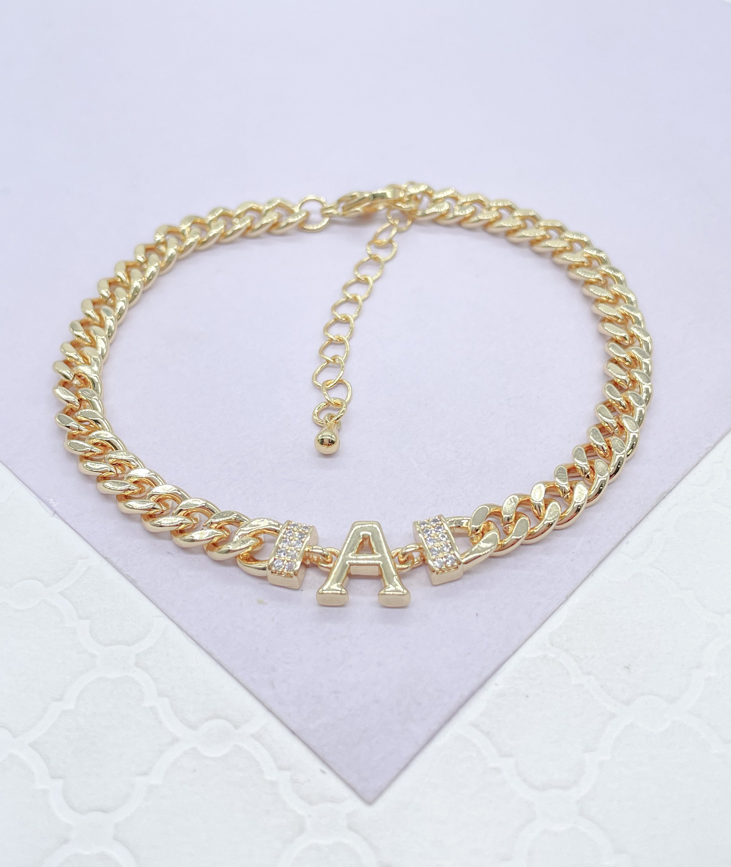 18k Gold Filled Miami Cuban Link Ankle Bracelet Initial Letters A