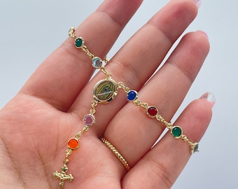 18k Gold Filled Small Round Colorful Rosary Bracelet, Multicolor Fashion Guadalupe Medal
