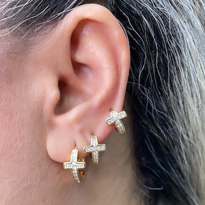 18k Gold Filled Trio Cross Huggie Earrings