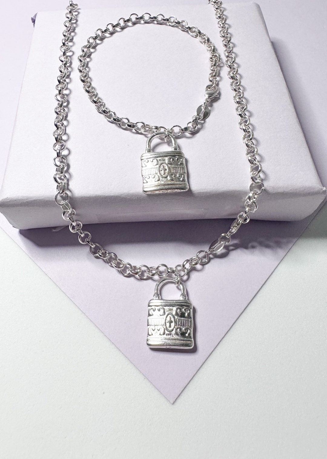 Silver Filled Rolo Link Set With Lock Pendant - Etsy