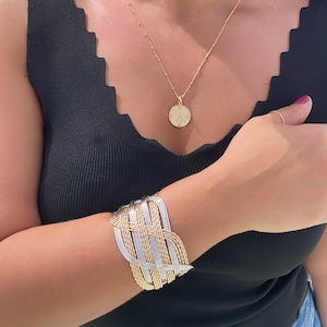 Pulseira bracelete trançada multicolorida extra grossa em ouro 18k com revestimento bicolor