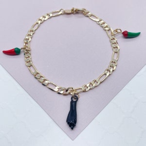 18k Gold Filled Figaro Charm Bracelet: Black Figa Hand & Chili Peppers