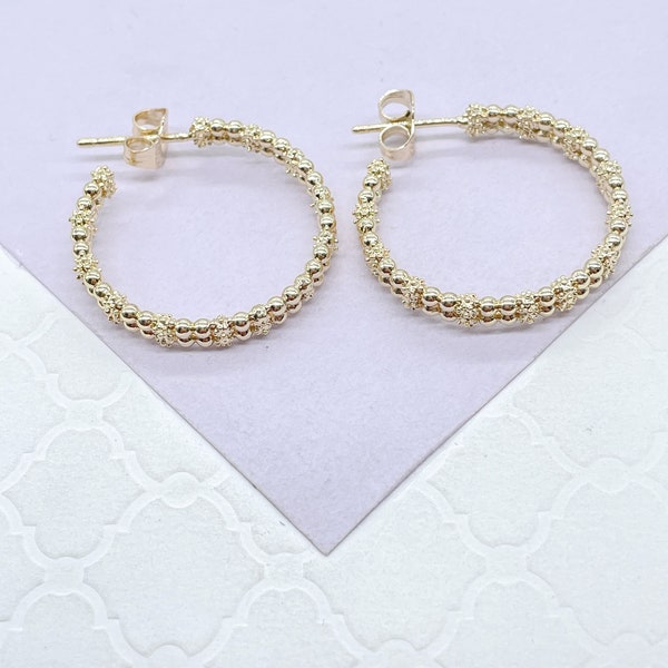 18k Gold Filled Dual Rowed Textured/Beaded Open Hoops