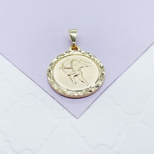 18k Gold Filled Medallion Charm Pendant With engraved Angel in Center