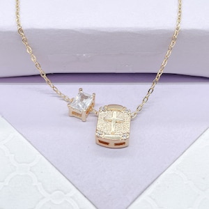 18k Gold Filled non-closure Rosary Necklace with Baguette cut stone charm