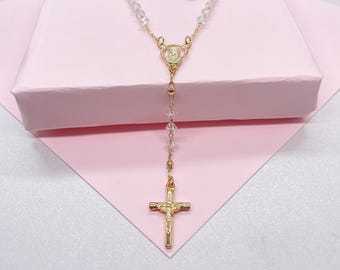 18k Gold Filled White Beaded Necklace With Virgin Mary Engraved  and Jesus Cross Charm