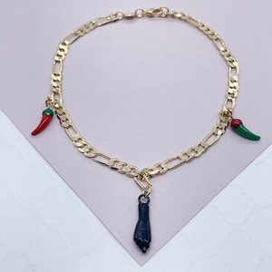 18k Gold Filled Figaro Anklet: Black Figa Hand, Chili Charms