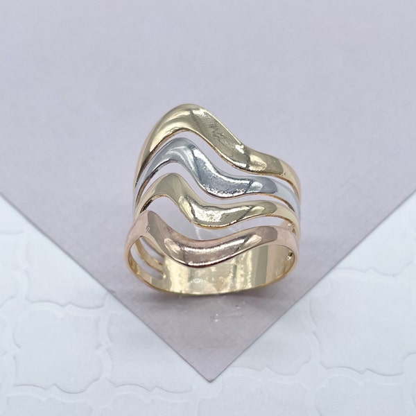 Fine 18k Gold Filled Multiple Fancy Waves Ring, Simple Plain Gold Waves OR Tricolor Waves Ring, Ocean Nautica Jewelry