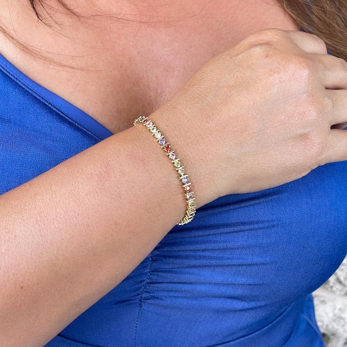 18k Gold Filled Colorful Round Stone Bracelet Patterned with Gold Bars