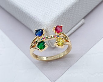 Ring mit 18-karätigem Gold gefüllt mit rosa, blauen, gelben und grünen Zirkonia-Steinen und mehrfarbigem Mikropflaster