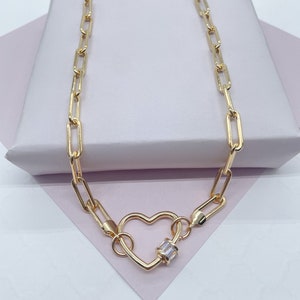 18k Gold Filled Paper Clip Choker: Heart Carabiner Lock with Baguette CZ