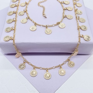 18k GoldFilled Charm Necklace And Bracelet Set With Mini Medallion Charms, Coin Charm Bracelet