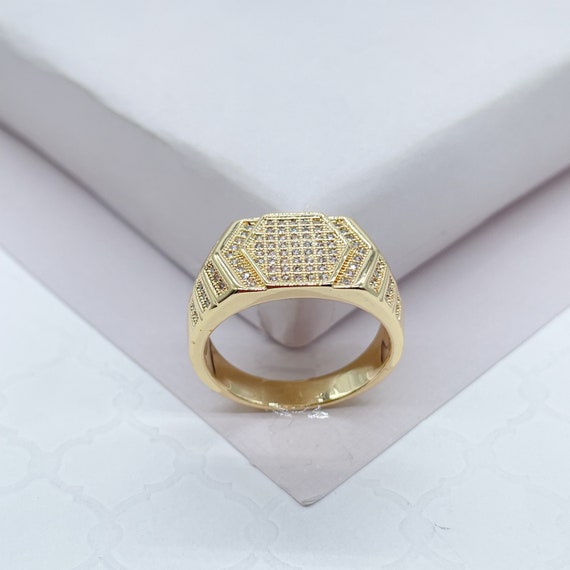 18Kゴールド デザインリング✴︎used ✴︎ 18k Gold Filled Hexagon Patterned Ring With Pave Stones - Etsy