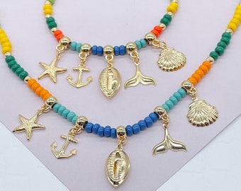 18k Gold Filled Colorful Beads Sea Inspired Charm Set Bracelet n Necklace Marine Jewelry Ocean Shell Anchor Whale Tale Star Conch