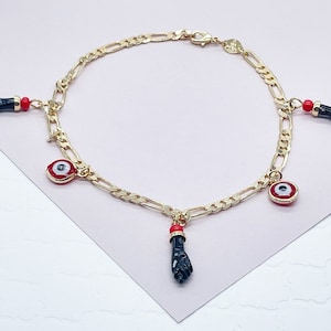 18k Gold Filled Red Evil Eye & Black &quot;Figa&quot; Protection Anklet in a Figaro Chain
