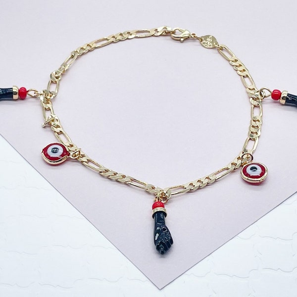 18k Gold Filled Red Evil Eye & Black "Figa" Protection Anklet in a Figaro Chain