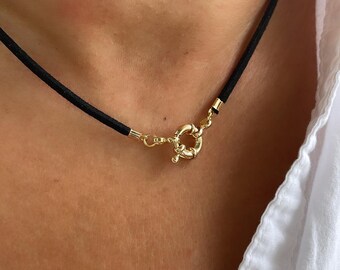 Faux Leather Choker Necklace with 18k Gold Filled 11mm Carabiner Clasp