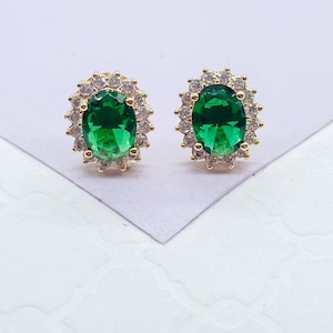 18k Gold Filled Emerald Green Stud Earring Crowned with White CZ Stones