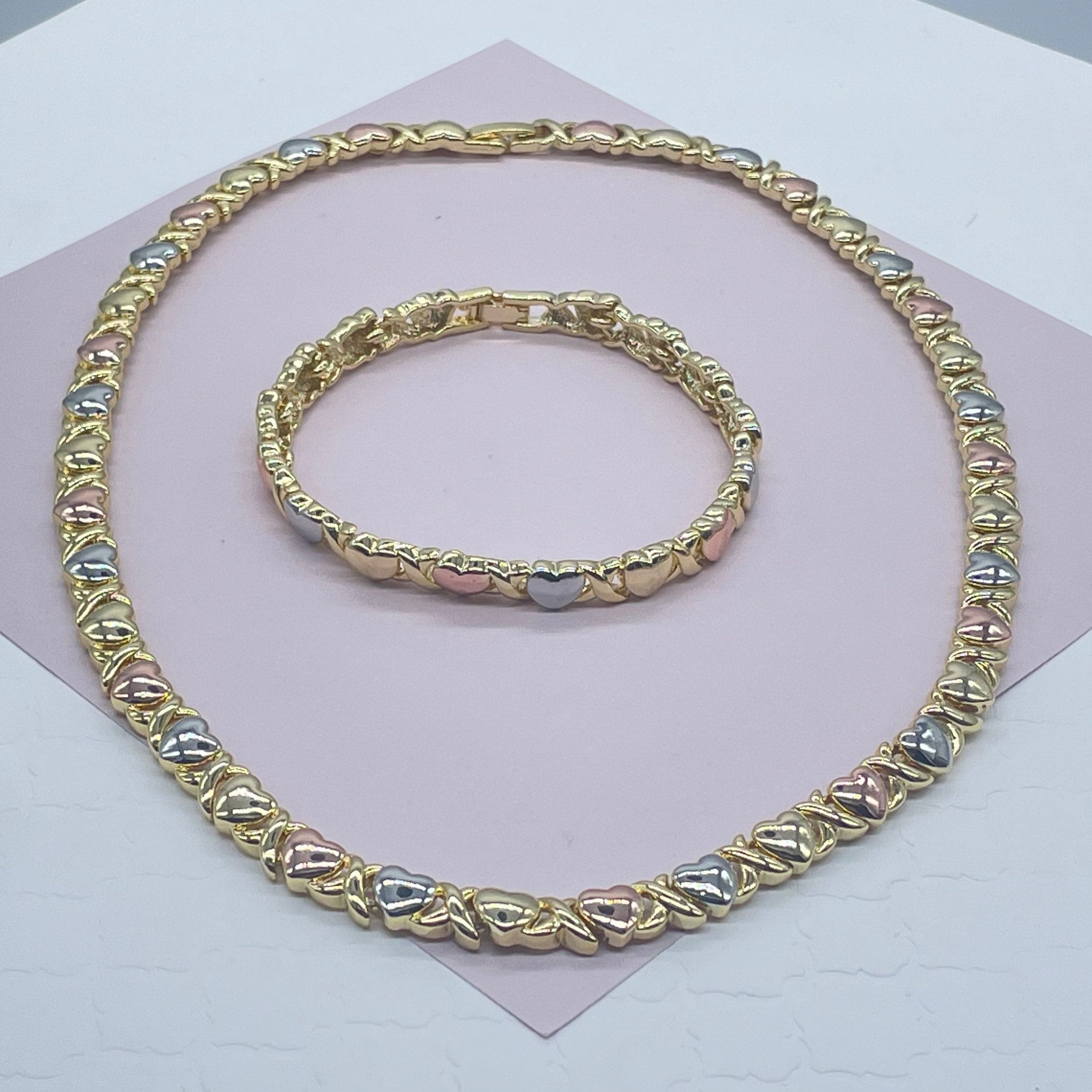 18k Gold Filled Heart Shape XOXO Set of Bracelet and Necklace