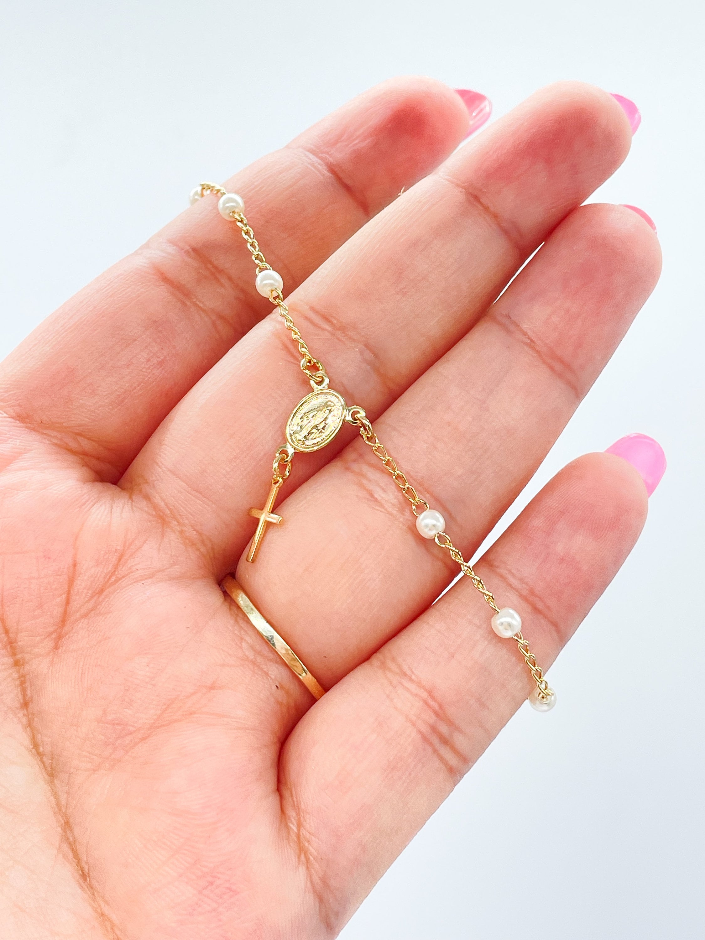 18k Dainty Gold Filled Beaded Pearl Satellite Rosary Bracelet with Virgin Mary and Crucifix Charm