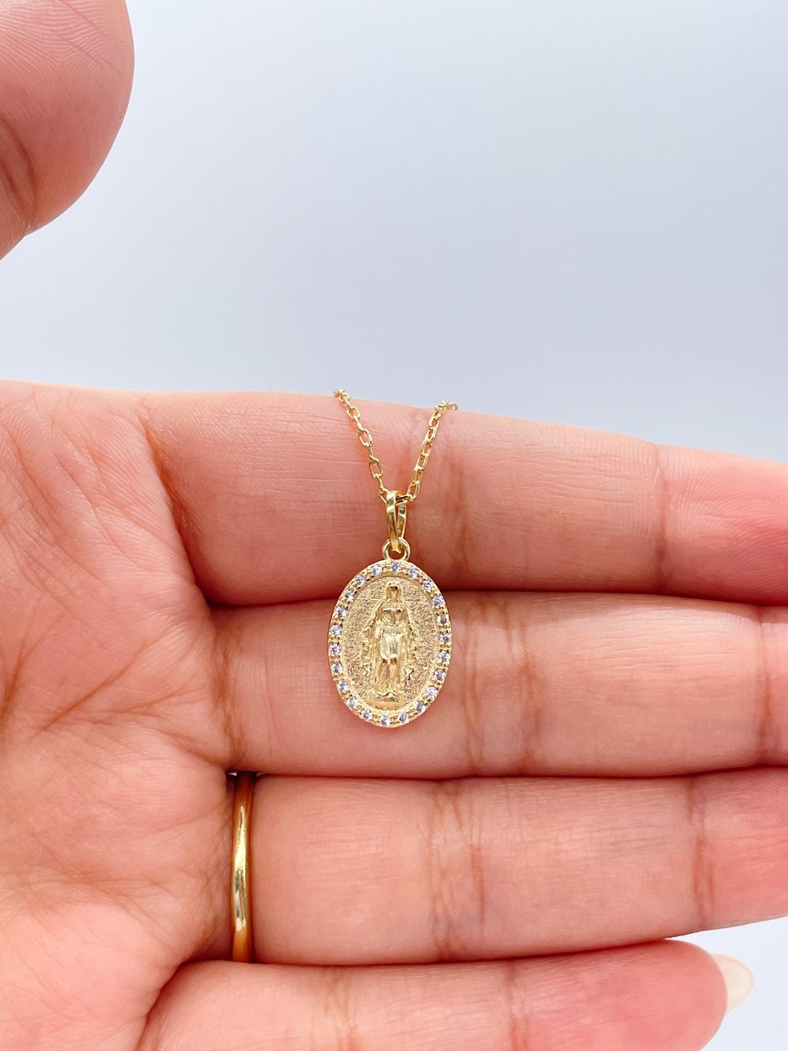 18k Gold Filled Virgin Mary Medallion Pendant Crowned With CZ