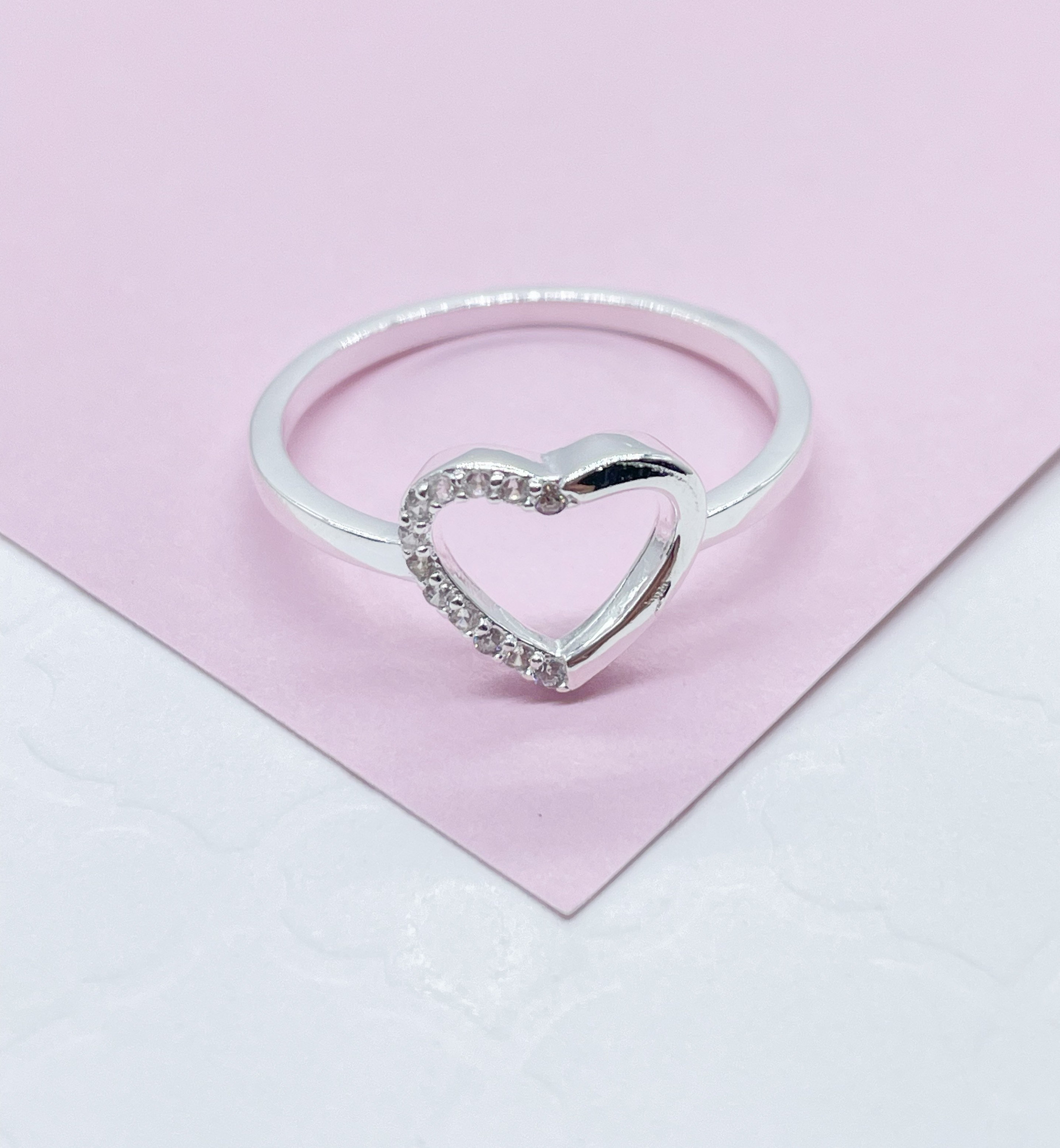925 Sterling Silver Open Heart Ring With 1 Side of Pave