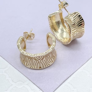 18k Gold Filled Wide Tree Trunk Patterned Open Hoop Earrings