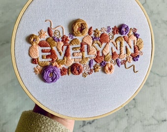 Custom name embroidery hoop art kit. Choose your colours. DIY craft project for bedroom art decor