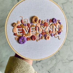 Custom name embroidery hoop art kit. Choose your colours. DIY craft project for bedroom art decor