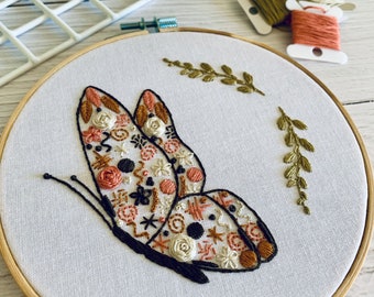 Digital download. Butterfly embroidery hoop art PDF pattern with instructions.  Insect animal beginner crewel wall decor project