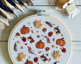 Digital download. Woodland  embroidery hoop art PDF pattern with instructions.  Mushroom autumn/fall beginner crewel wall decor project