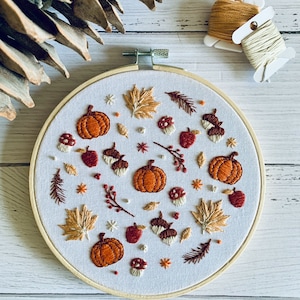 Digital download. Woodland  embroidery hoop art PDF pattern with instructions.  Mushroom autumn/fall beginner crewel wall decor project