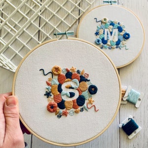 Custom initial embroidery kit. Letter hand sewing hoop art. Choose your colours. DIY craft project for bedroom art. Mindful relaxing hobby.